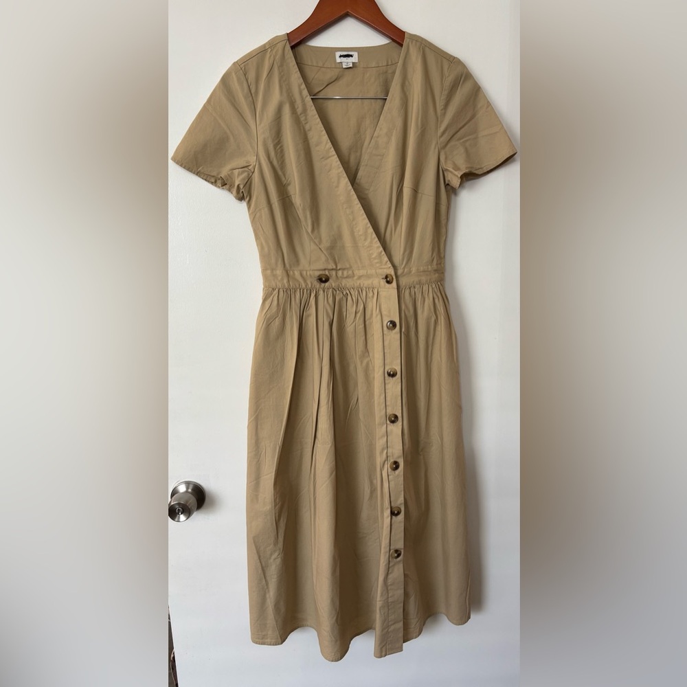 J Crew factory Women Tan Wrap Cotton Button Down Short Sleeve Midi Dress Size 2